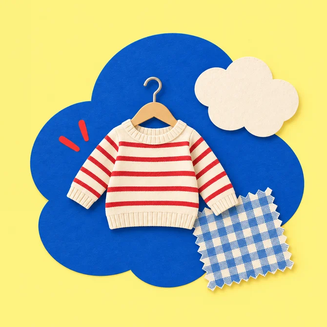 Playful textile collage of a striped little sweater and blue gingham on a cloud